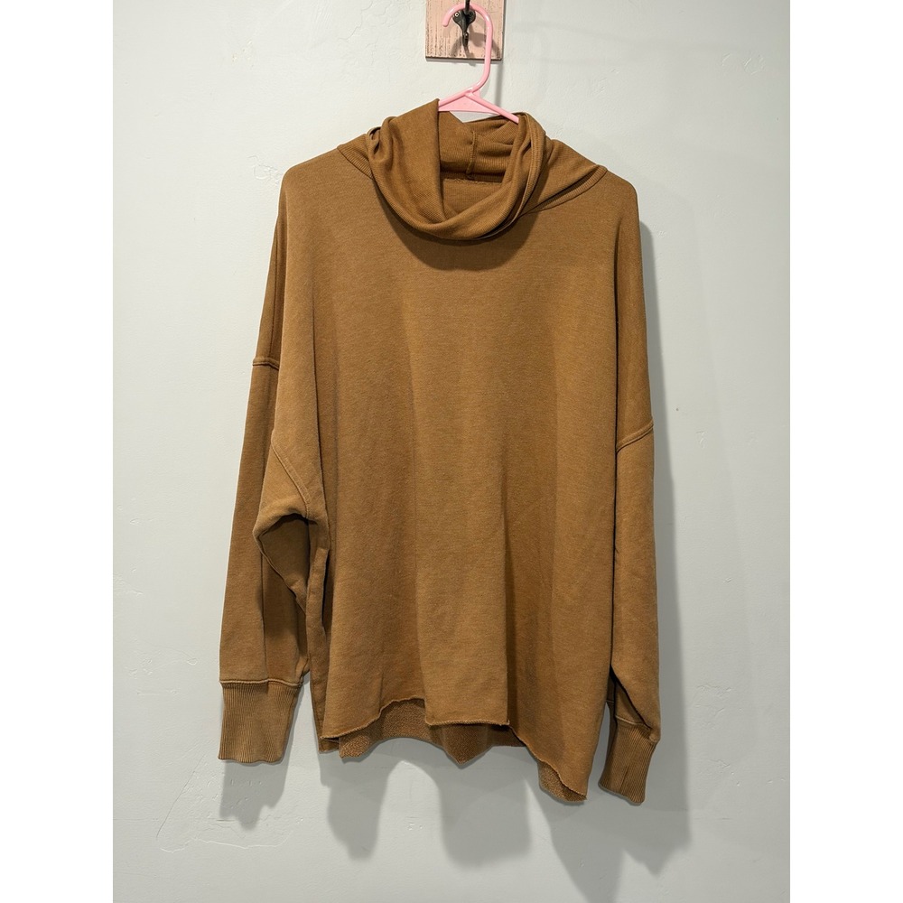 Aerie Oversized Cowl Neck Sweatshirt Camel Brown Raw Hem XL 5435189024